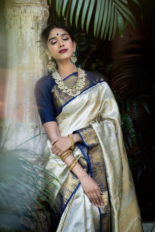 Marvellous Beige And Blue Soft Silk Saree With Outstanding Blouse Piece