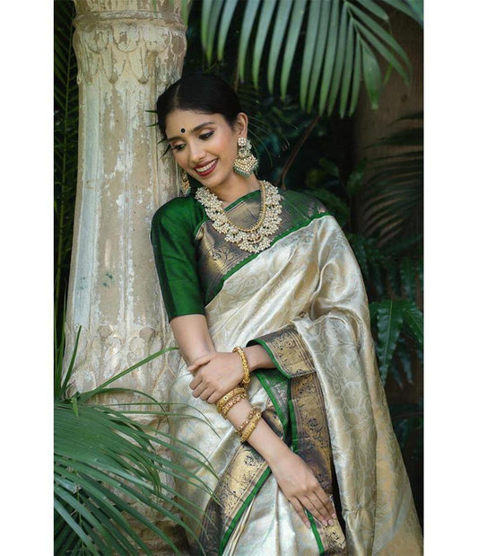 Dissemble Beige And Green Soft Silk Saree With Groovy Blouse Piece