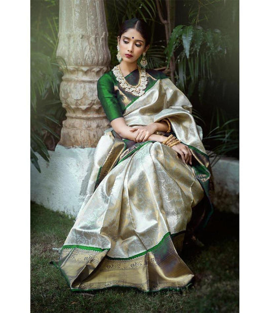 Dissemble Beige And Green Soft Silk Saree With Groovy Blouse Piece