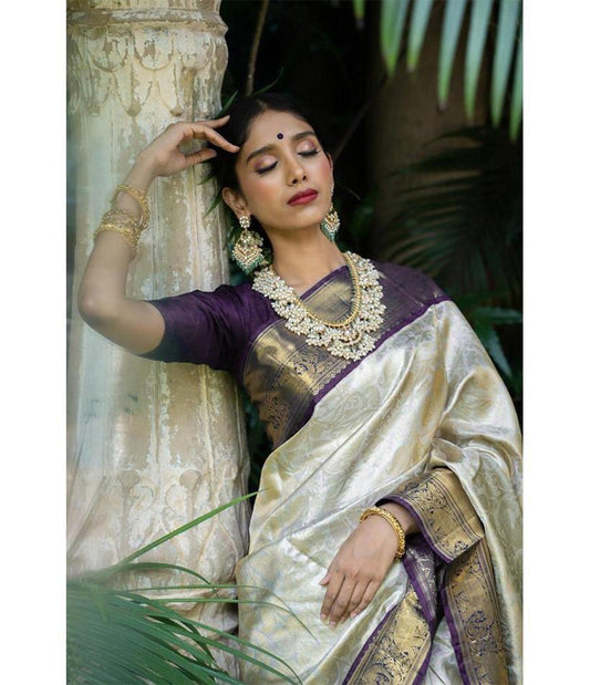 A glam Beige And Purple Soft Silk Saree With Groovy Blouse Piece