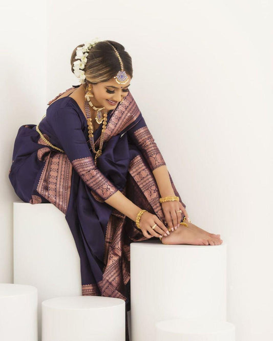 Gossamer Navy Blue Soft Silk Saree With Nemesis Blouse Piece