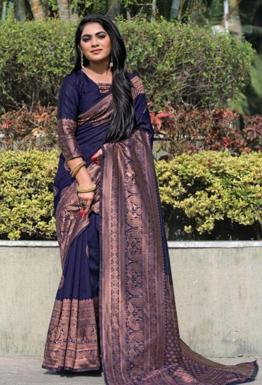 Gossamer Navy Blue Soft Silk Saree With Nemesis Blouse Piece