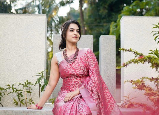 Prettiest Pink Soft Silk Saree With Imbrication Blouse Piece