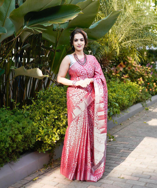 Prettiest Pink Soft Silk Saree With Imbrication Blouse Piece