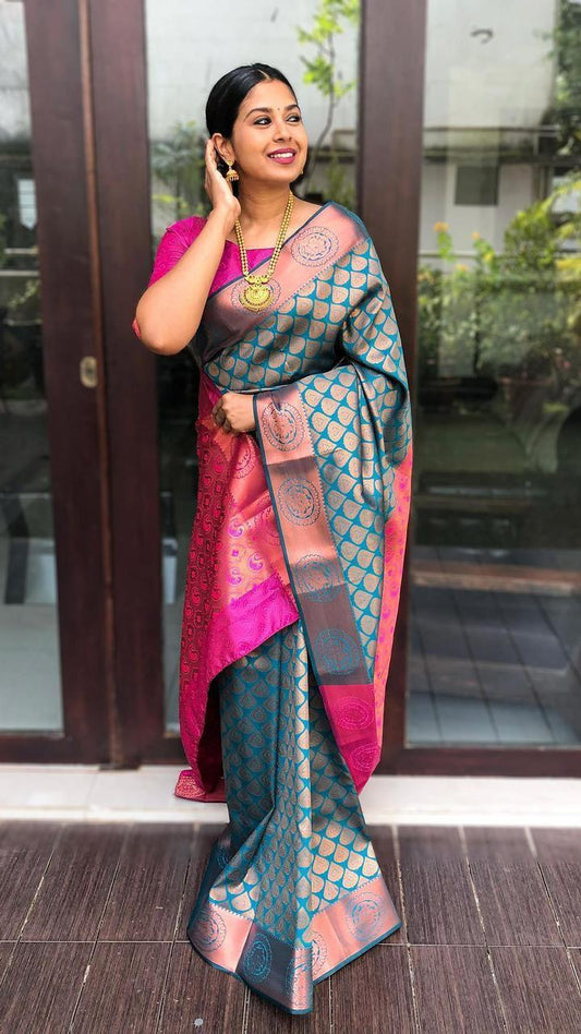 Elegant Rama Soft Banarasi Silk Saree With Gratifying Blouse Piece