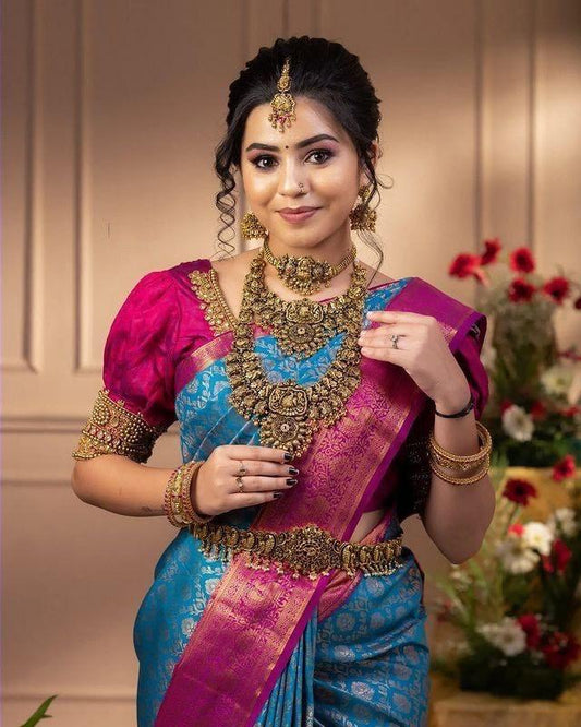 Designer Firozi Soft Banarasi Silk Saree With Imaginative Blouse Piece
