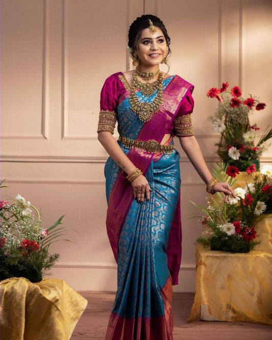 Designer Firozi Soft Banarasi Silk Saree With Imaginative Blouse Piece