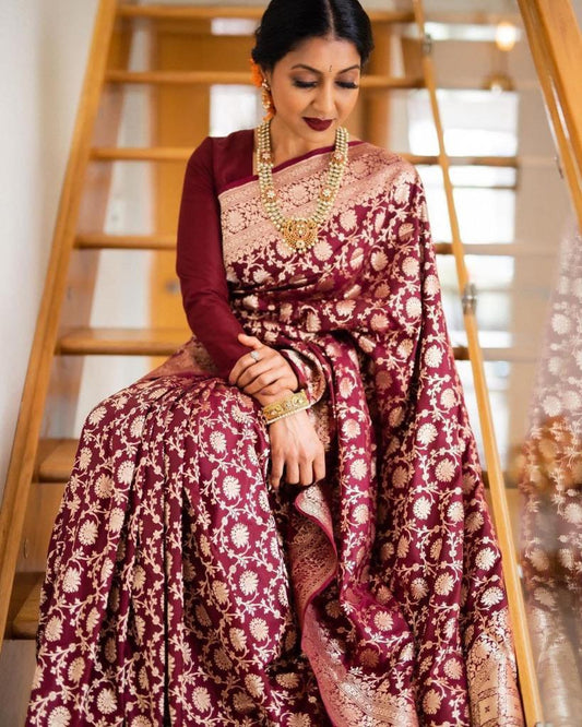 Fancifull Maroon Soft Banarasi Silk Saree With Gossamer Blouse Piece