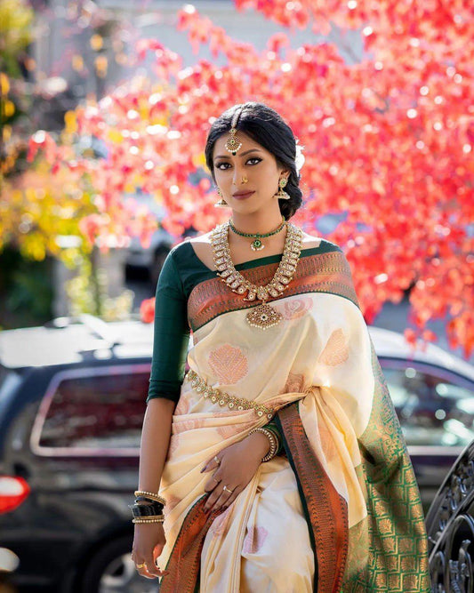 A glam Beige Soft Silk Saree With Classic Blouse Piece