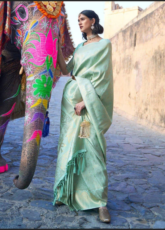 Opulent Turquoise  Soft Banarasi Silk Saree With Ethnic Blouse Piece