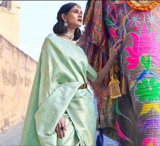 Opulent Turquoise  Soft Banarasi Silk Saree With Ethnic Blouse Piece