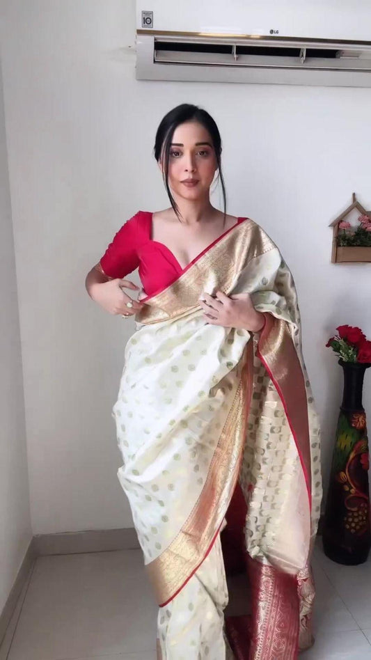 Beautiful 1-Minute Ready To Wear Beige Soft Silk Saree