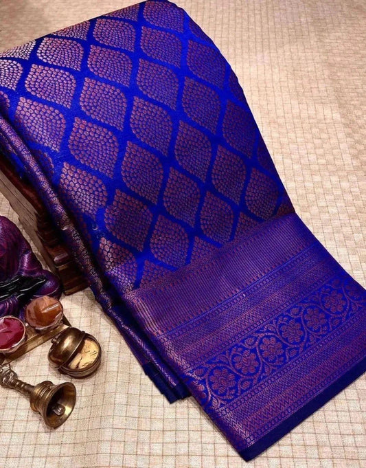Denouement Royal Blue Soft Silk Saree With Redolent Blouse Piece