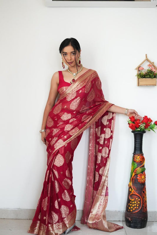 Dazzling 1-Minute Ready To Wear Red Cotton Silk Saree