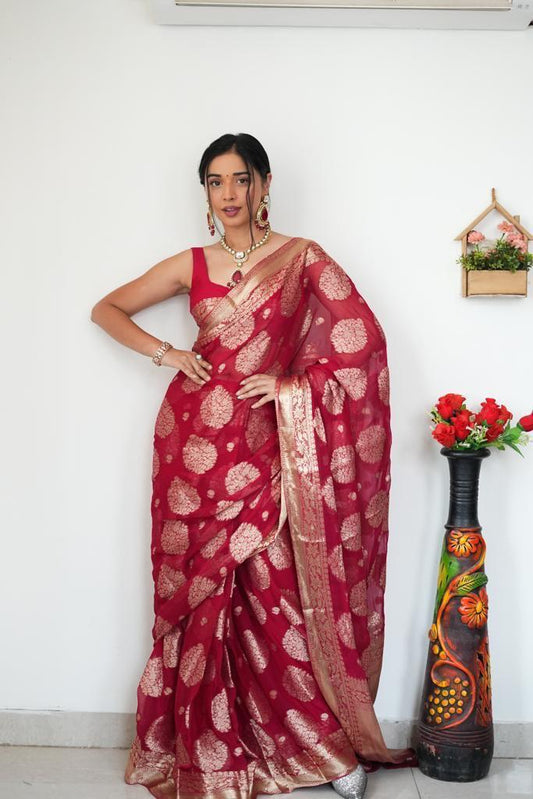 Dazzling 1-Minute Ready To Wear Red Cotton Silk Saree