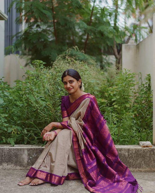 Blooming Beige Soft Silk Saree With Ailurophile Blouse Piece