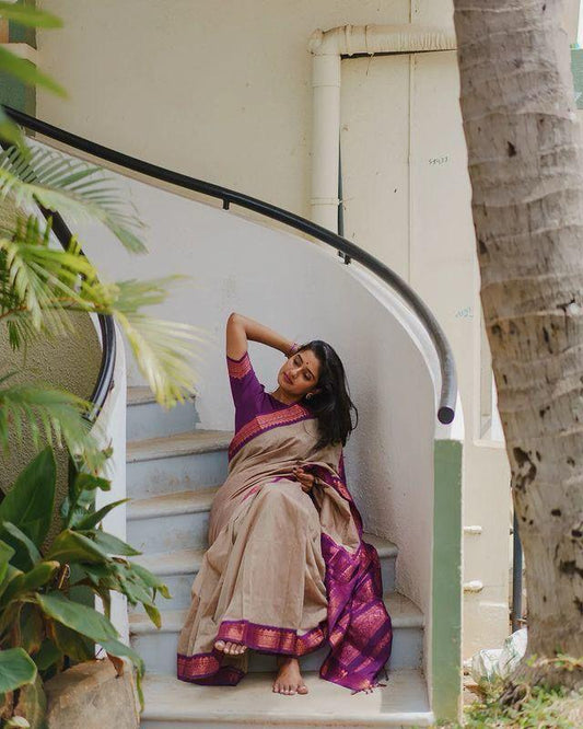 Blooming Beige Soft Silk Saree With Ailurophile Blouse Piece
