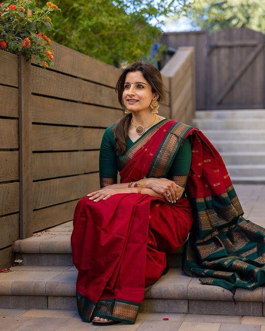 Beautiful Red Soft Silk Saree With Excellent Blouse Piece