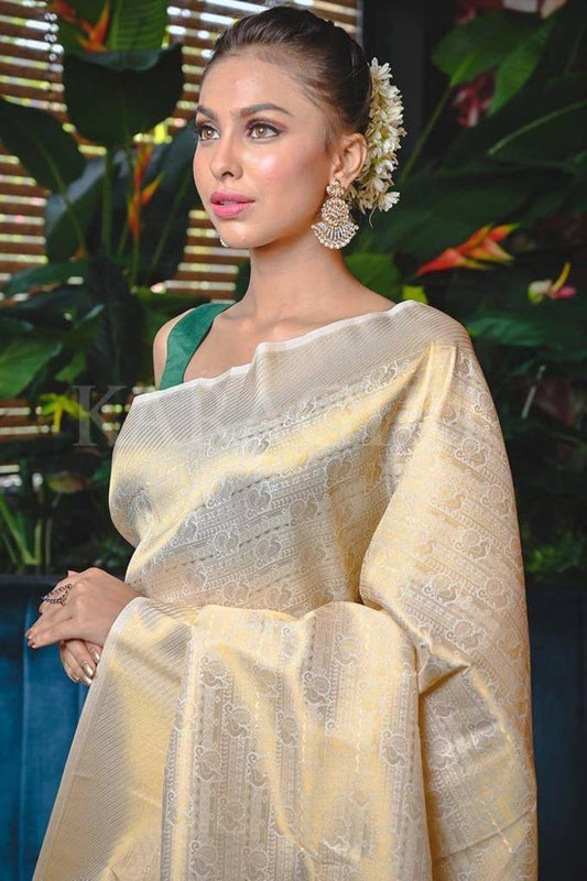Demesne Beige Soft Banarasi Silk Saree With Demure Blouse Piece