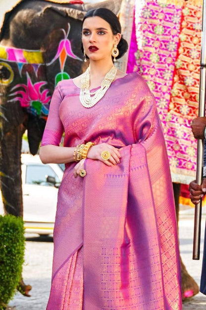 Tempting Purple Soft Banarasi Silk Saree With Snappy Blouse Piece