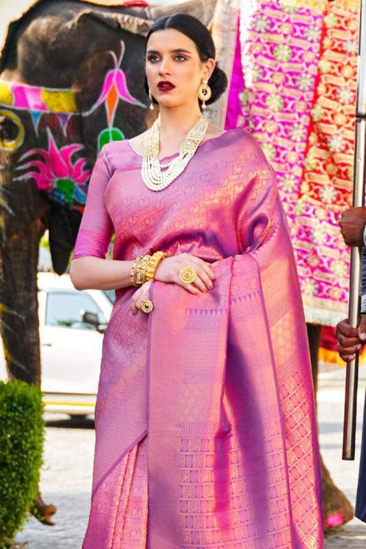 Tempting Purple Soft Banarasi Silk Saree With Snappy Blouse Piece
