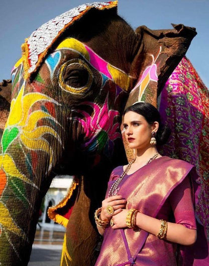 Tempting Purple Soft Banarasi Silk Saree With Snappy Blouse Piece