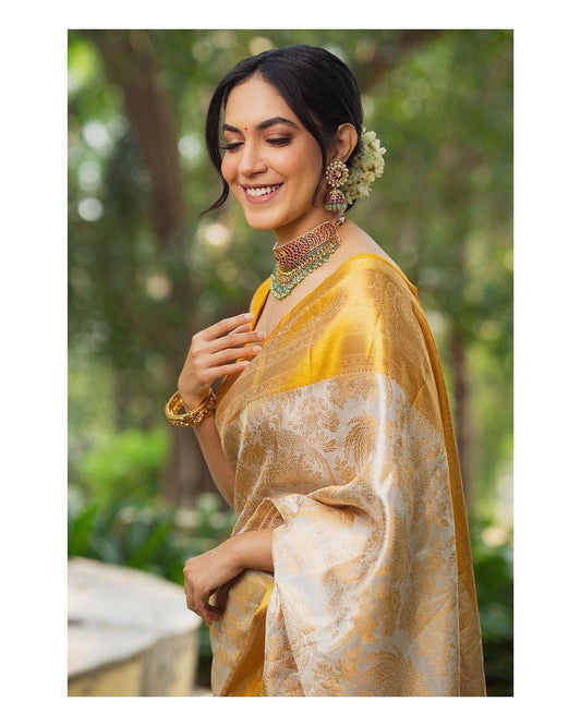 Imbrication Beige Soft Silk Saree With Embellished Blouse Piece