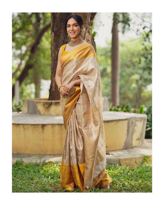 Imbrication Beige Soft Silk Saree With Embellished Blouse Piece