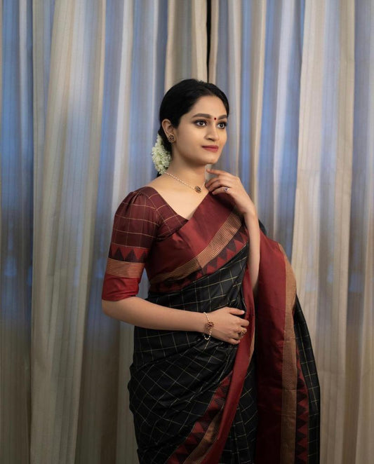 Chatoyant Black Soft Silk Saree With Entrancing Blouse Piece