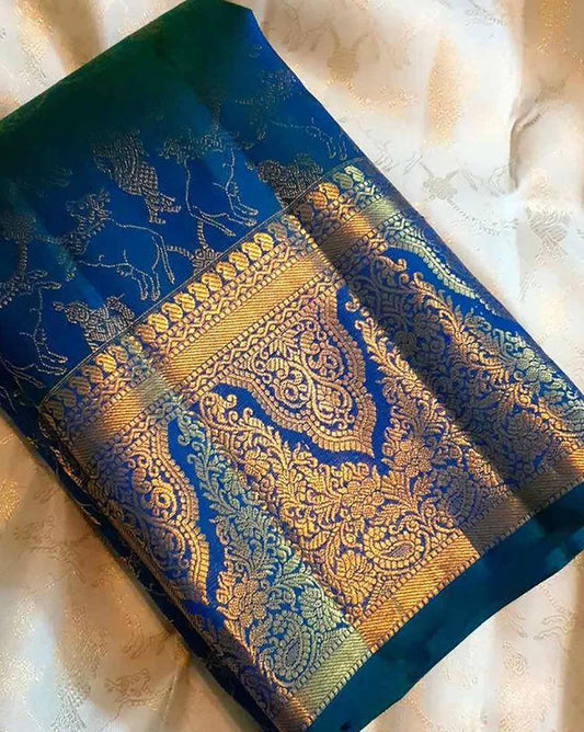 Mellifluous Blue Soft Silk Saree With Ailurophile Blouse Piece