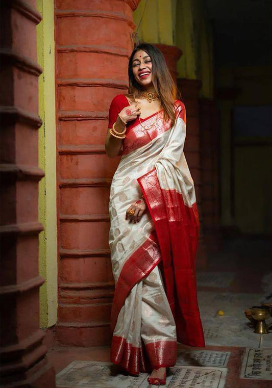 Outstanding Off White Soft Silk Saree With Twirling Blouse Piece