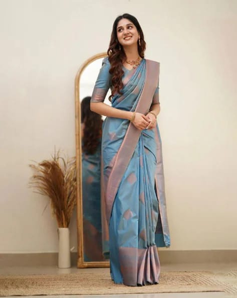 Jazzy Firozi Soft Silk Saree With Adorning Blouse Piece