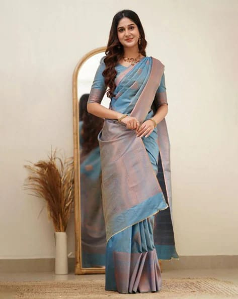 Jazzy Firozi Soft Silk Saree With Adorning Blouse Piece