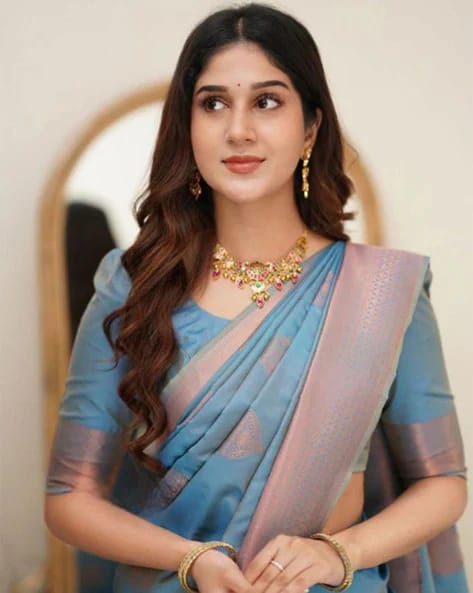 Jazzy Firozi Soft Silk Saree With Adorning Blouse Piece