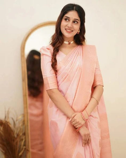 Exceptional Peach Soft Silk Saree With Desiring Blouse Piece