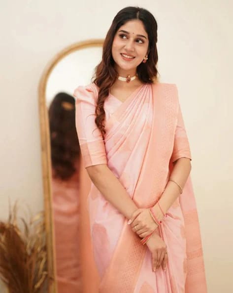 Exceptional Peach Soft Silk Saree With Desiring Blouse Piece