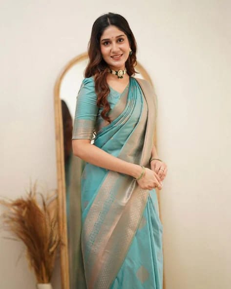 Wonderful Sky Soft Silk Saree With Amazing Blouse Piece