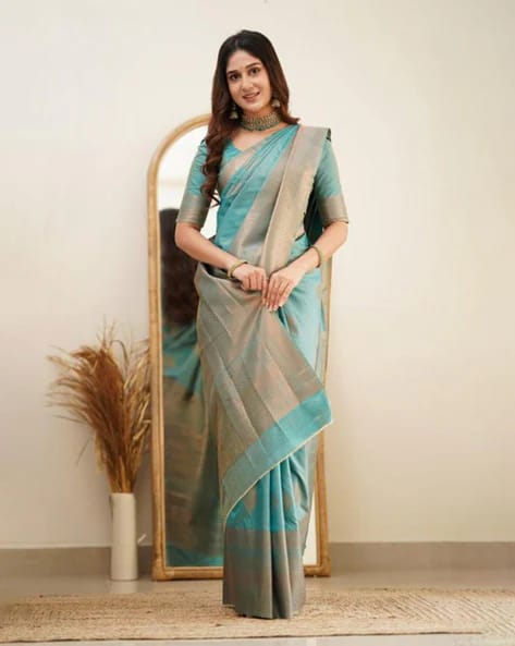 Wonderful Sky Soft Silk Saree With Amazing Blouse Piece