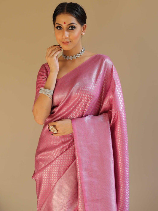 Quintessential Pink Soft Silk Saree With Petrichor Blouse Piece