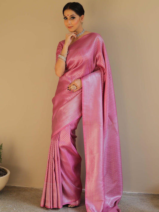 Quintessential Pink Soft Silk Saree With Petrichor Blouse Piece