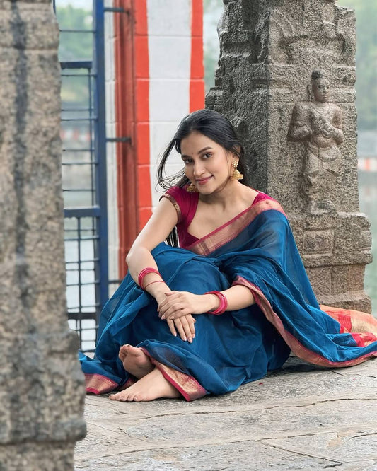 Ratatouille Blue Soft Silk Saree With Wonderful Blouse Piece