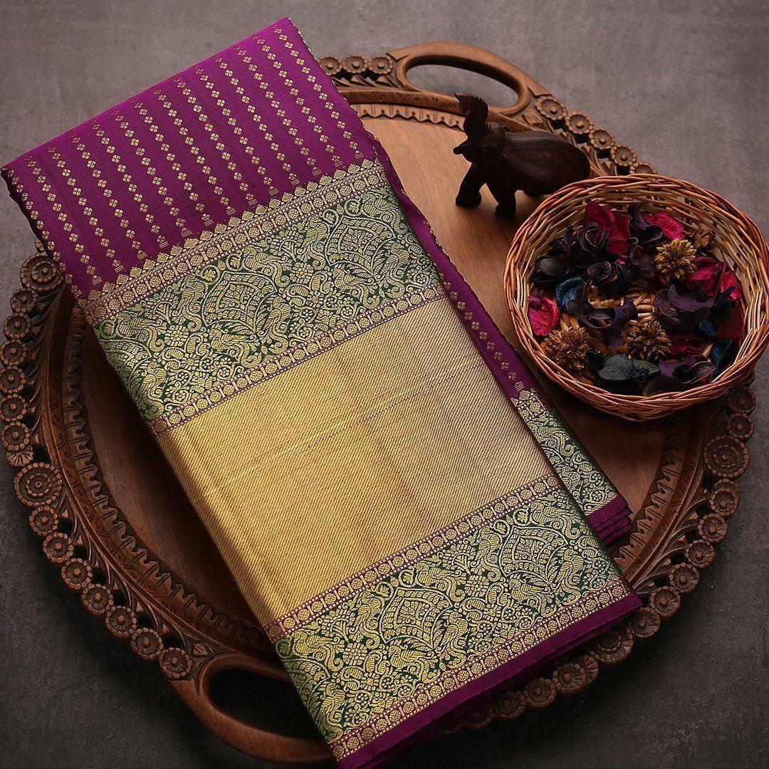 Tantalizing Purple Soft Banarasi Silk Saree With Desirable Blouse Piece