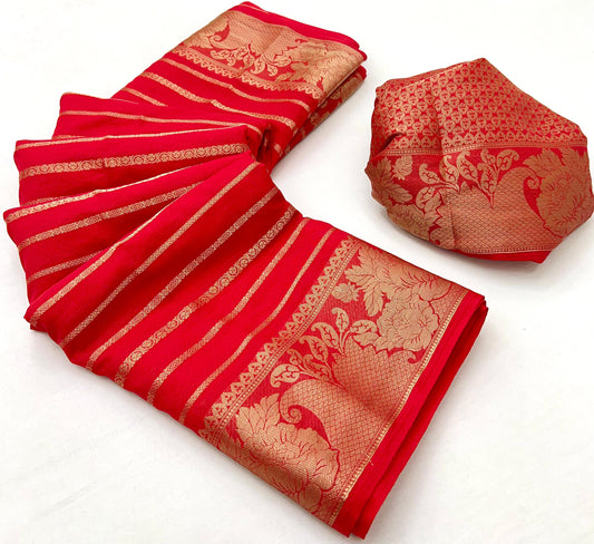 Beautiful Red Georgette Saree With Elision Blouse Piece