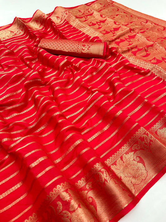 Beautiful Red Georgette Saree With Elision Blouse Piece