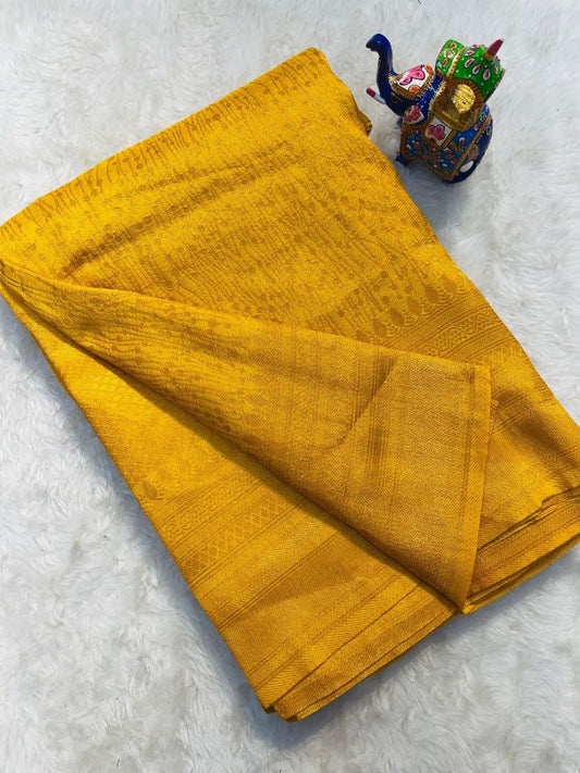 Elegant Yellow Soft Silk Saree With Flattering Blouse Piece