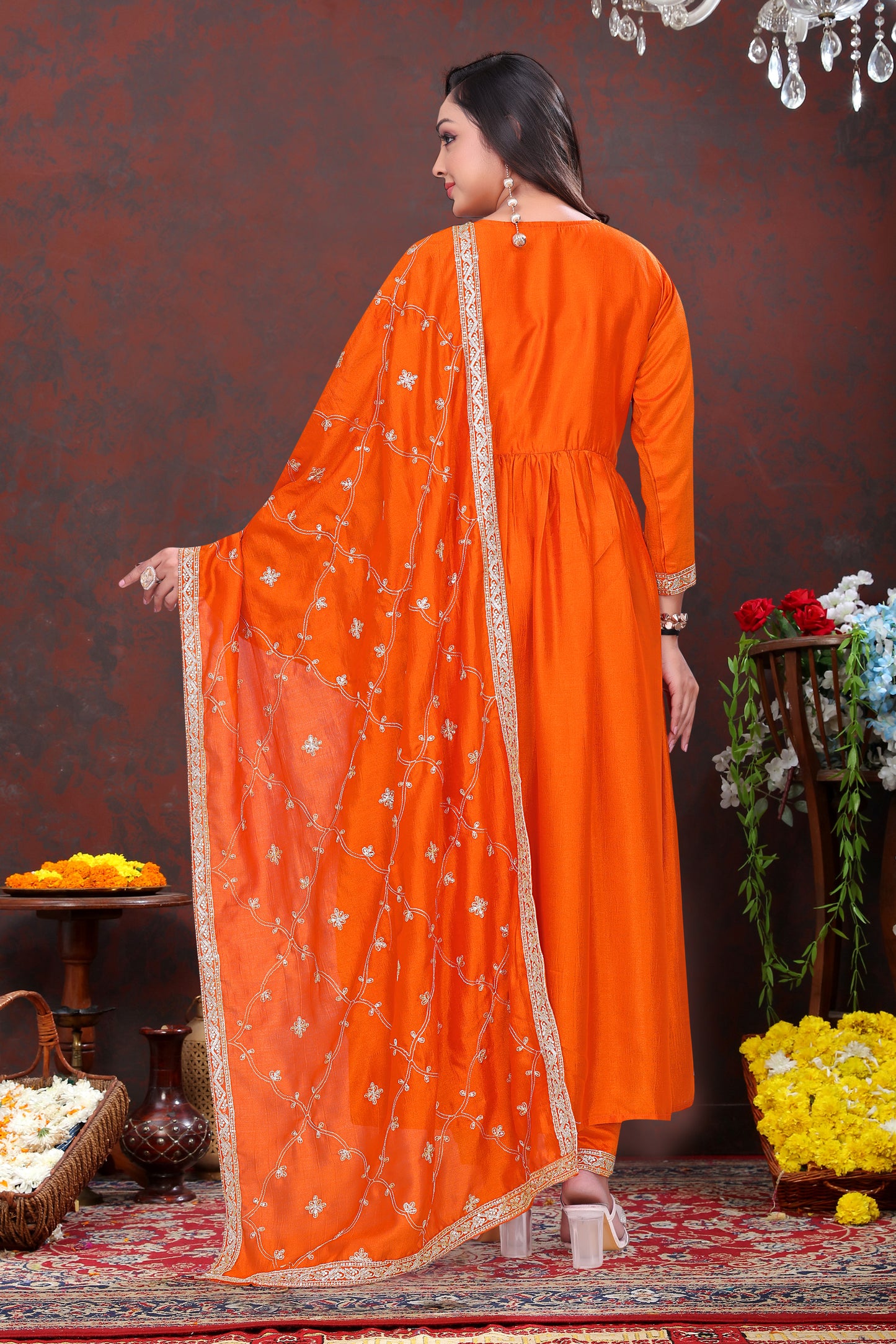 Dazzling Orange Embroidered Anarkali Suit Set with Dupatta