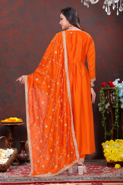 Dazzling Orange Embroidered Anarkali Suit Set with Dupatta