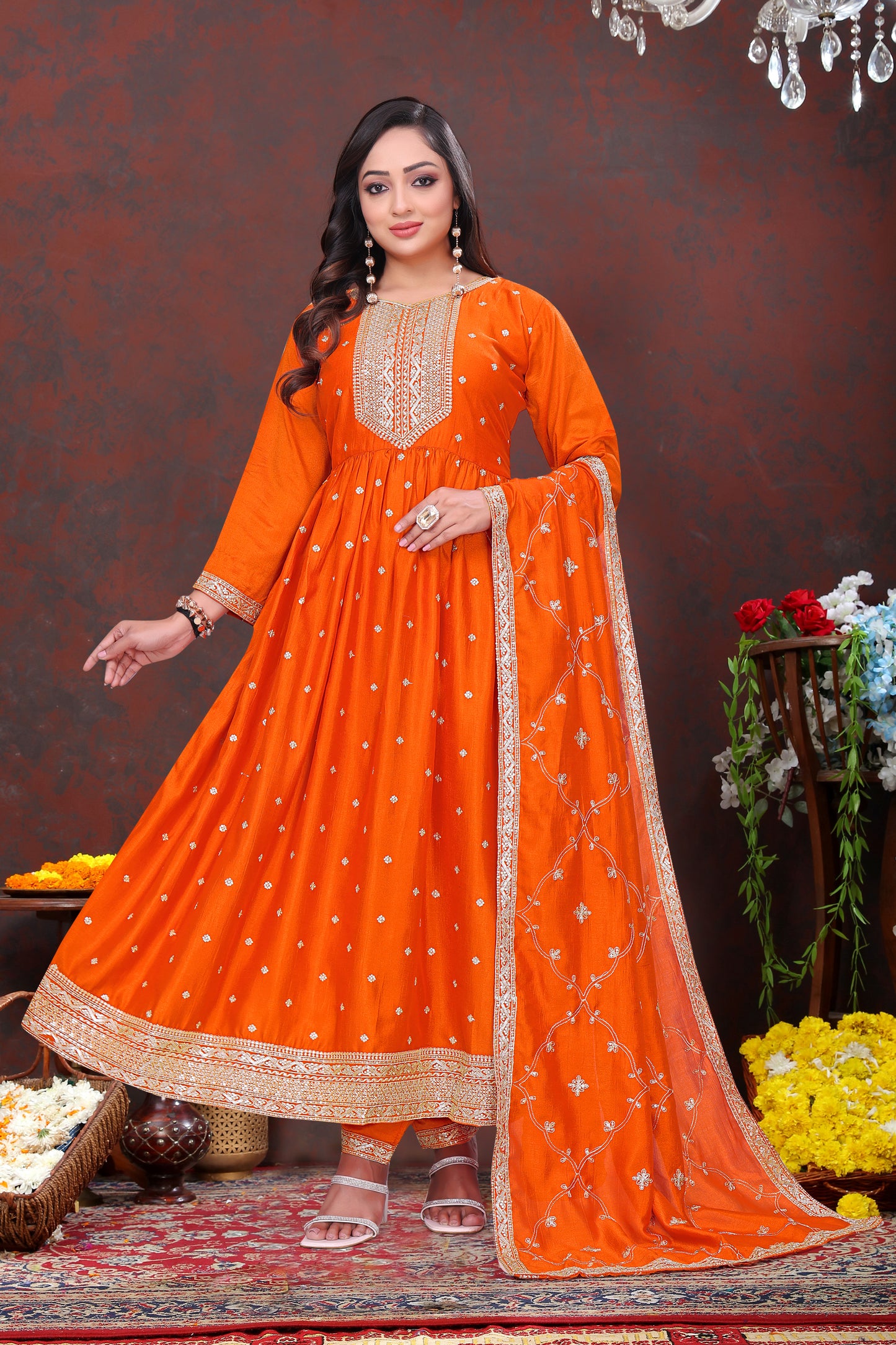 Dazzling Orange Embroidered Anarkali Suit Set with Dupatta