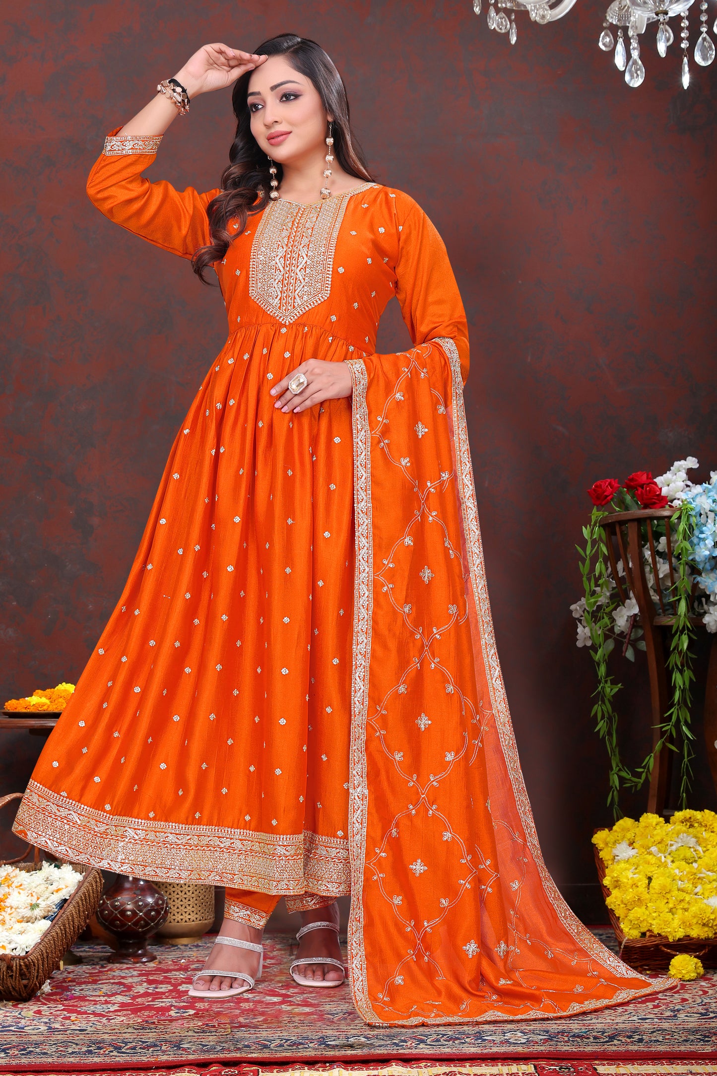 Dazzling Orange Embroidered Anarkali Suit Set with Dupatta