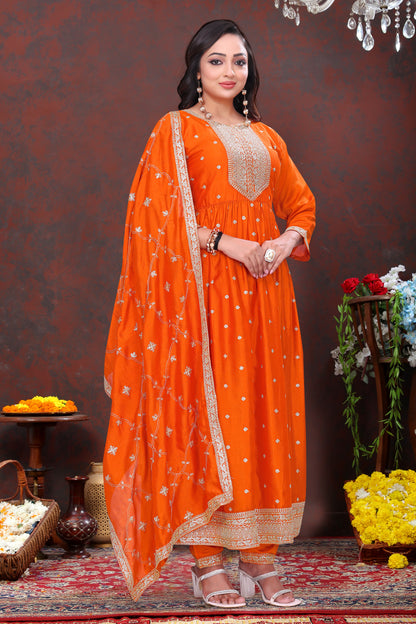 Dazzling Orange Embroidered Anarkali Suit Set with Dupatta